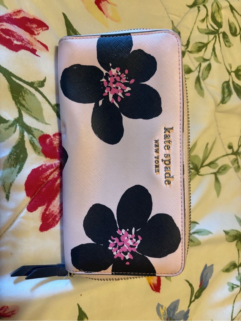 kate spade Pink Floral Zip-Around Card Holder with Black Blooms